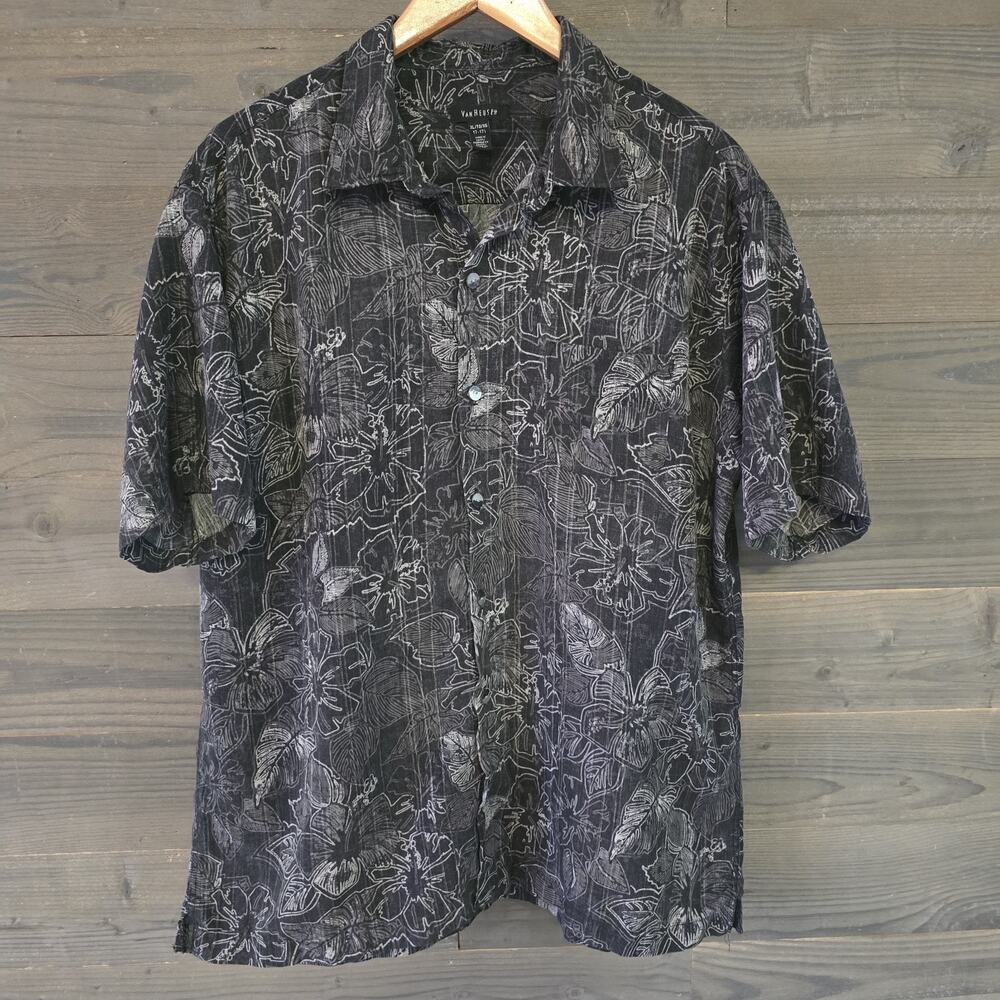 Van Heusen Shirt Mens Large Black Gray Hawaiian Aloha Casual Vacation Shirt 17.5